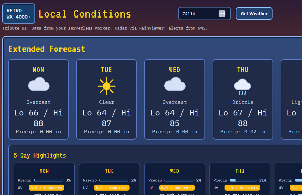 Retro Weather app featuring vintage Weather Channel style UI with radar, NWS alerts, and Local on the 8s hourly forecast display